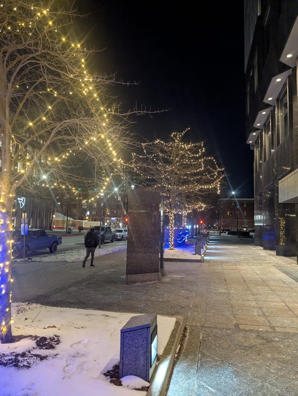 Downtown street trees wrapped in warm white Christmas lights on a snowy winter night.