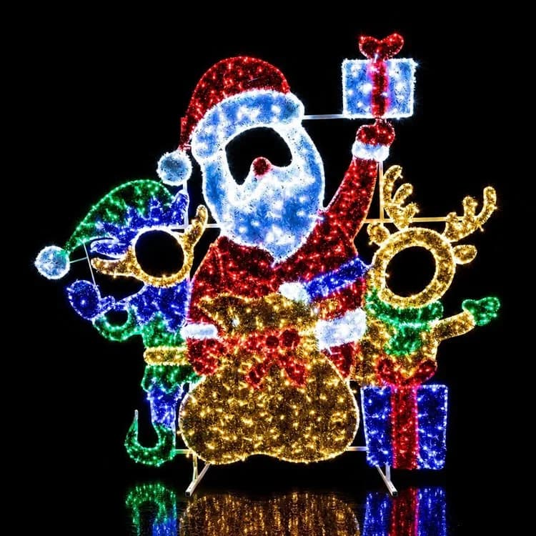 6' Santa, Elf and Reindeer with Presents — commercial Christmas display from Holiday Light Supplies