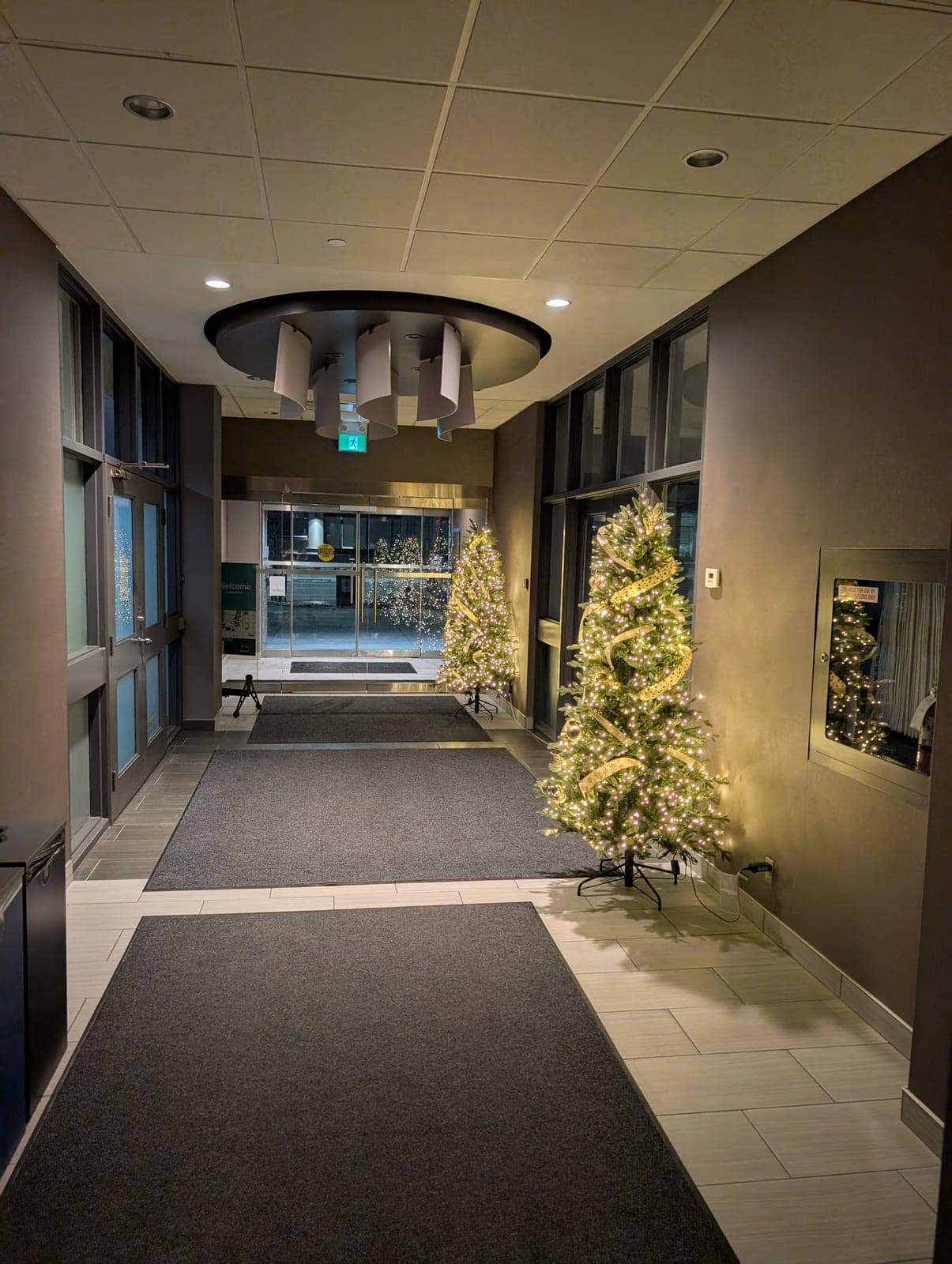 Two warm-white Christmas trees with gold ribbon flanking the entrance vestibule of a commercial building.