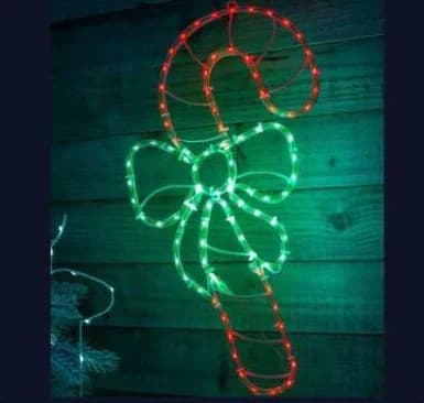 2D LED Candy Cane with Bow Motif, red and cool white and green