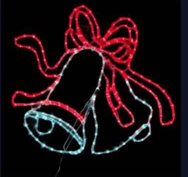 2D LED Christmas Bells with Bow Motif, cool white and red and aqua