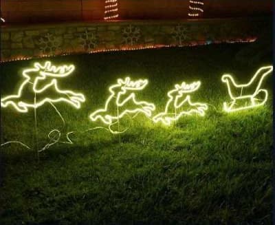 2D LED Flying Reindeer and Sleigh, warm white and yellow