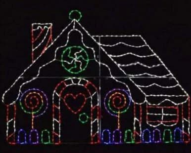 2D LED Gingerbread House Motif, cool white and red and green