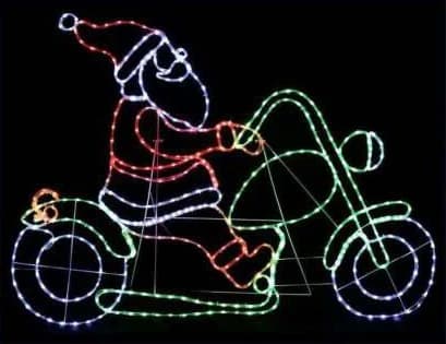 2D LED Santa on a Motorcycle Motif, red and cool white and green