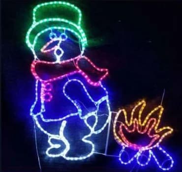 2D LED Snowman by the Campfire, green and red and cool white and orange