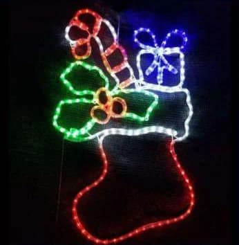 2D LED Stocking with Gifts Motif, red and green and cool white and blue