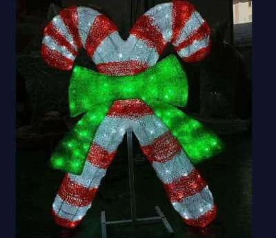 3D LED Crossed Candy Canes with Bow, red and cool white and green