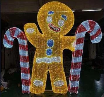 3D LED Gingerbread Man with Candy Canes, gold and red and cool white
