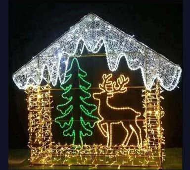 3D LED Log Cabin with Tree and Reindeer, cool white and warm white and green