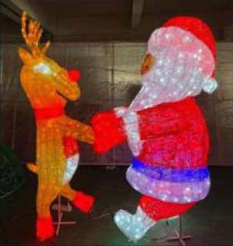 3D LED Santa with Reindeer, red and cool white and gold