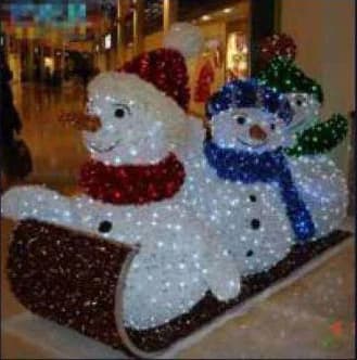 3D LED Snowmen on a Sled, cool white and red and blue