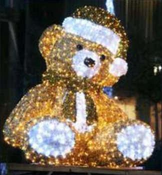 3D LED Teddy Bear in Santa Hat, gold and cool white and red