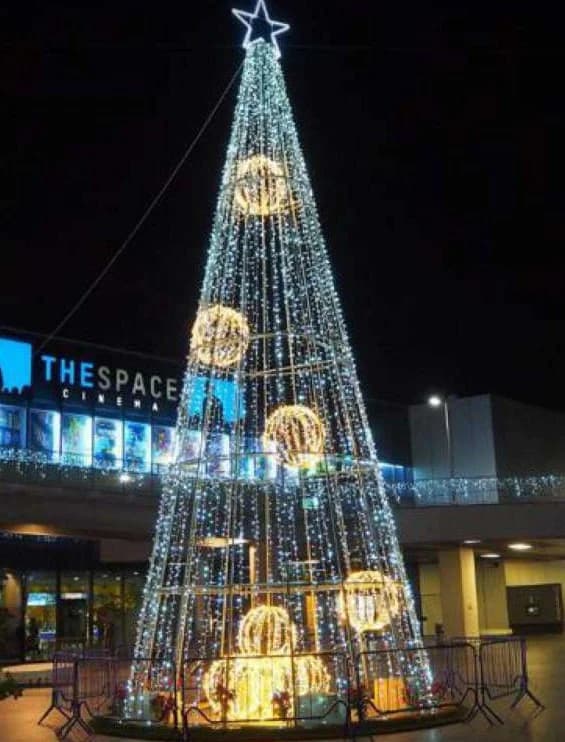 Giant LED Cone Tree with Gold Ornaments, cool white and gold
