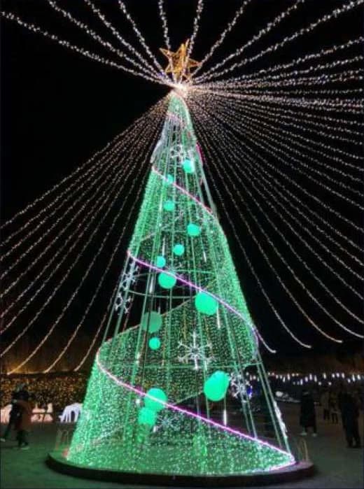 Giant LED Cone Tree with Spiral, green and warm white and pink